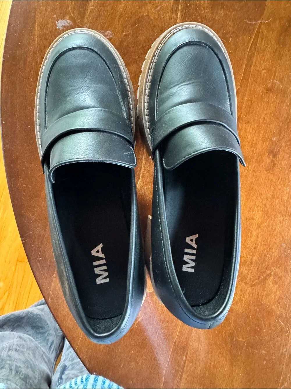 MIA Black Leather Platform Loafers with Wood-Effect Sole